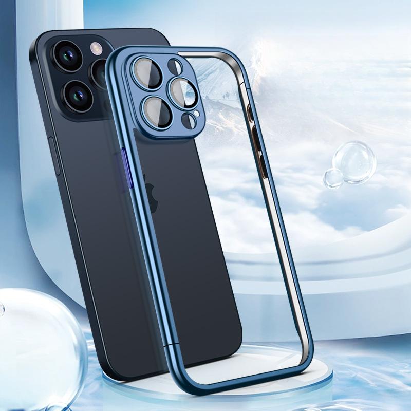 

Гальваническая рамка, подходящая для чехла для мобильного телефона Apple 15, охлаждение iPhone 14 13 с пленочным покрытием для объектива 12pro max Полный комплект Apple 15Pro синий