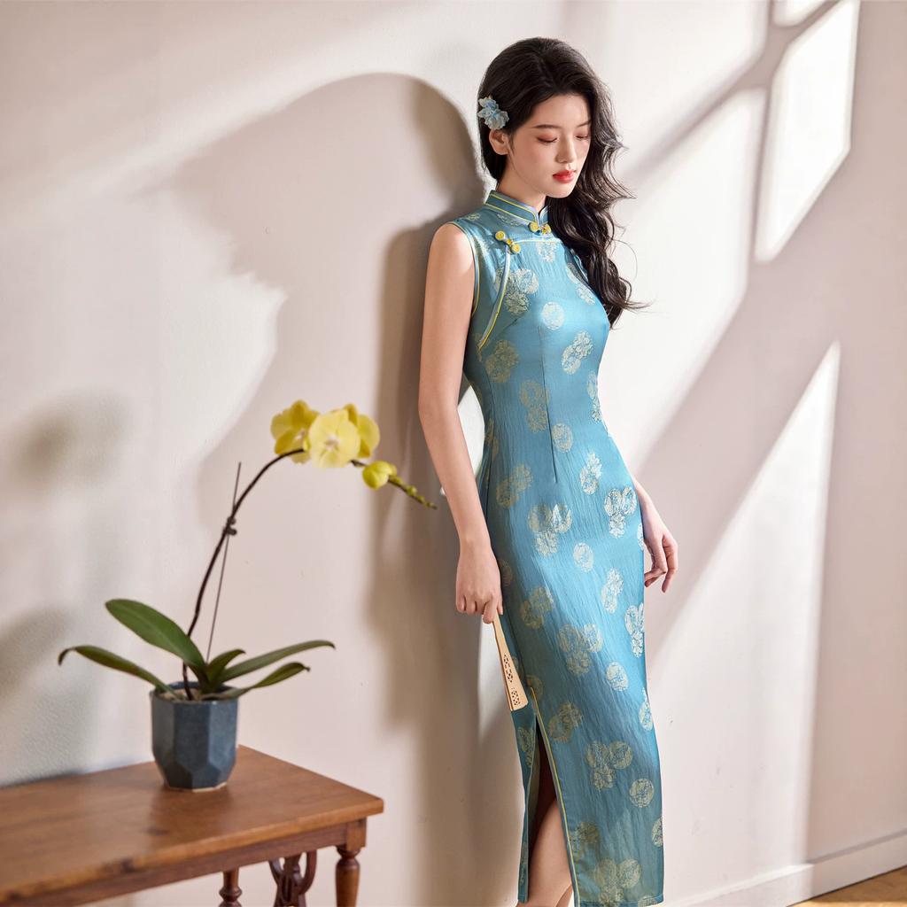 Blue improved cheongsam women's sleeveless young new Chinese style Republic of China style temperament satin dress 1011 new spring