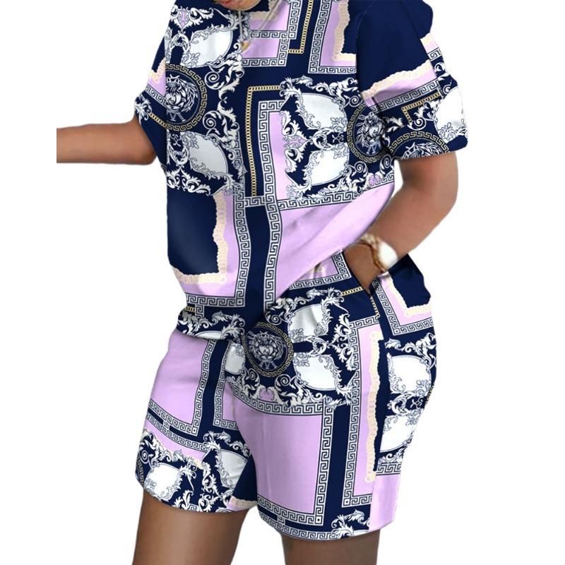 YYFS Women's Fashion Casual Summer Spring Colour Block Print Short Sleeve O-Neck Trousers Pants Suits