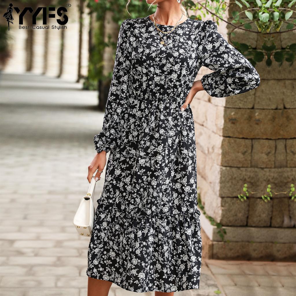 YYFS Women's Fashion Summer Spring Floral Print Long Sleeve O-Neck High Waist Casual Dresses