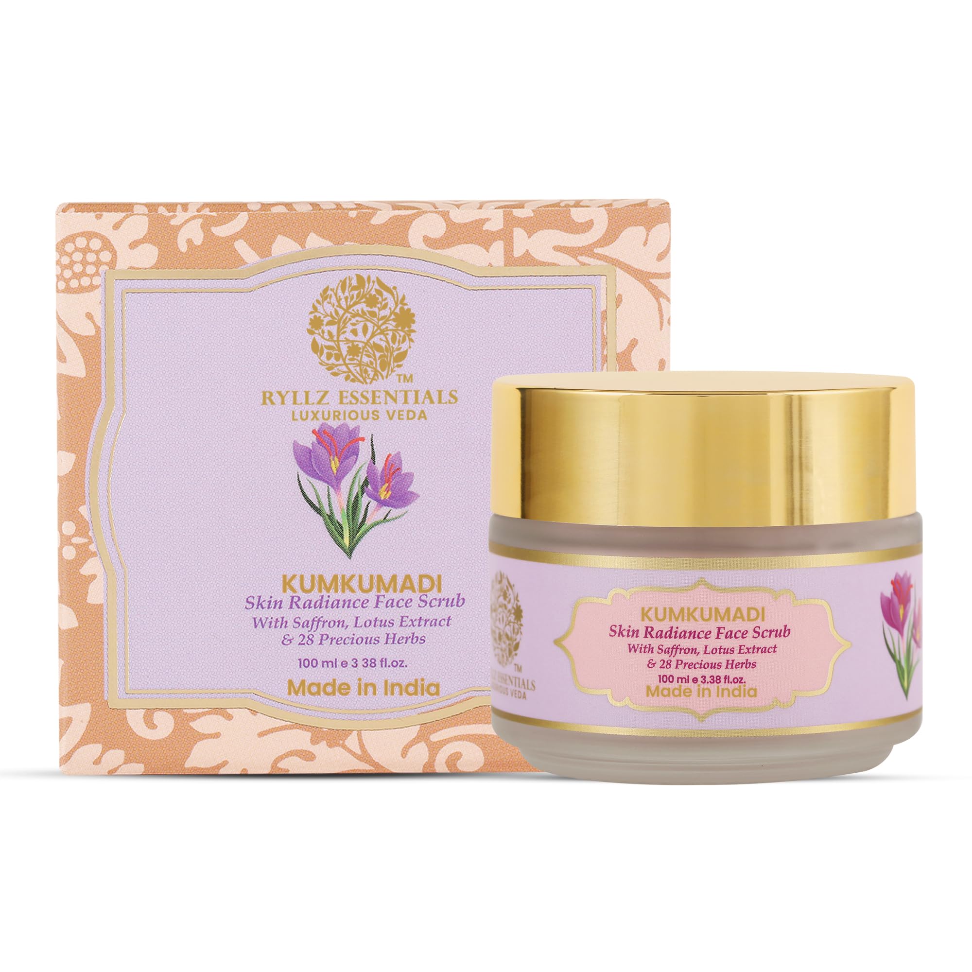 RYLLZ ESSENTIALS Kumkumadi Face Scrub | Skin Radiance with Saffron, Niacinamide, Vitamin E, White Jojoba Beads, Walnut Shell, Lotus Extracts & 28