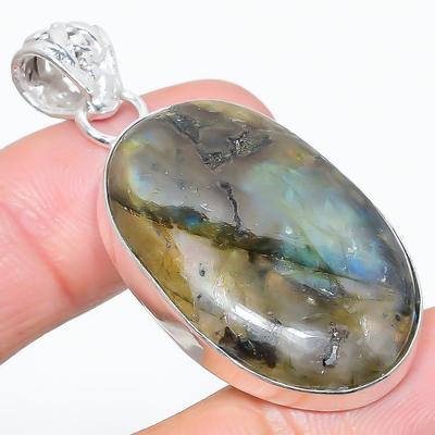 Labradorit, handgefertigt, 925er Sterlingsilber, Schmuckanhänger, 5 cm, C7Y67