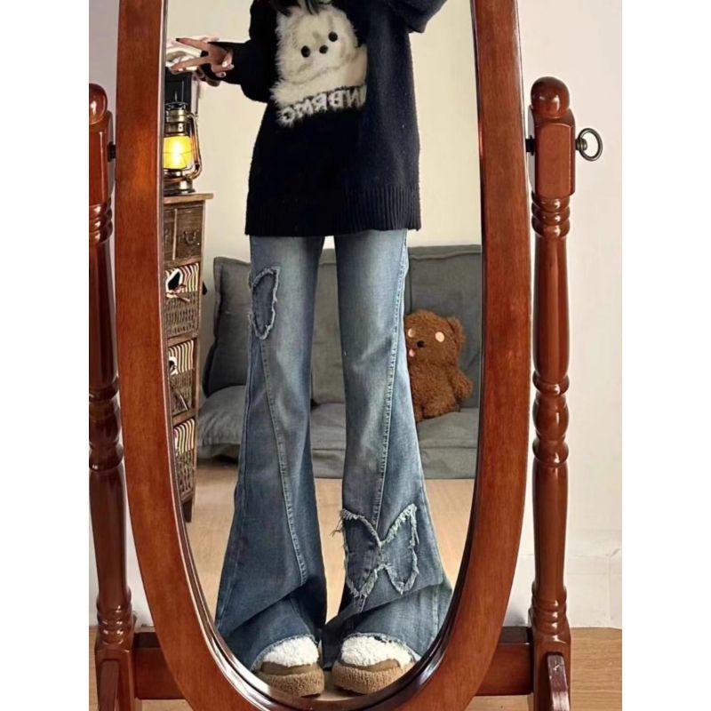 Petite Women's Butterfly Embroidered Micro-Flare Jeans for Spring/Autumn, Plus Size Available