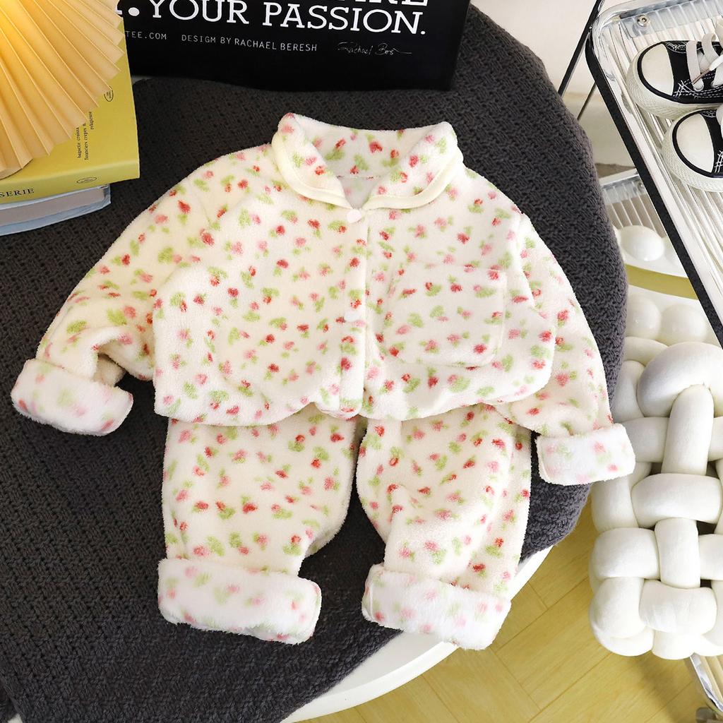 Kids Fleece Pajama Set Boys Girls Thickened Flannel Warm Open Front Home Wear Loungewear For Winter