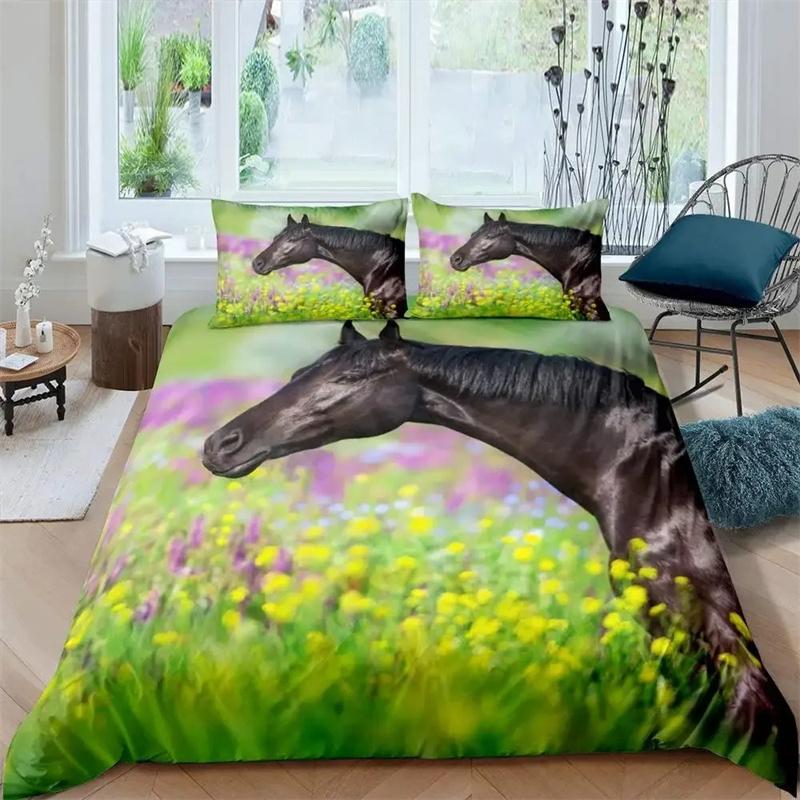 3D Horse Duvet Cover King Queen Size Yellow Sunflower Bedding Collection Floral Animal Theme Quilt Cover Wildlife Soft Comforter Cover