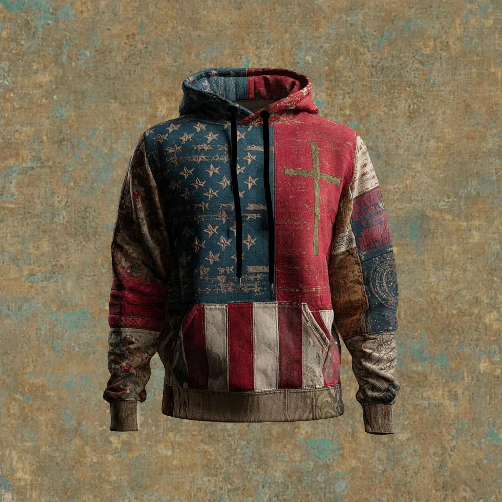 

Men s Vintage Casual American Flag Cross Hoodie Patriotic Shirt L синій