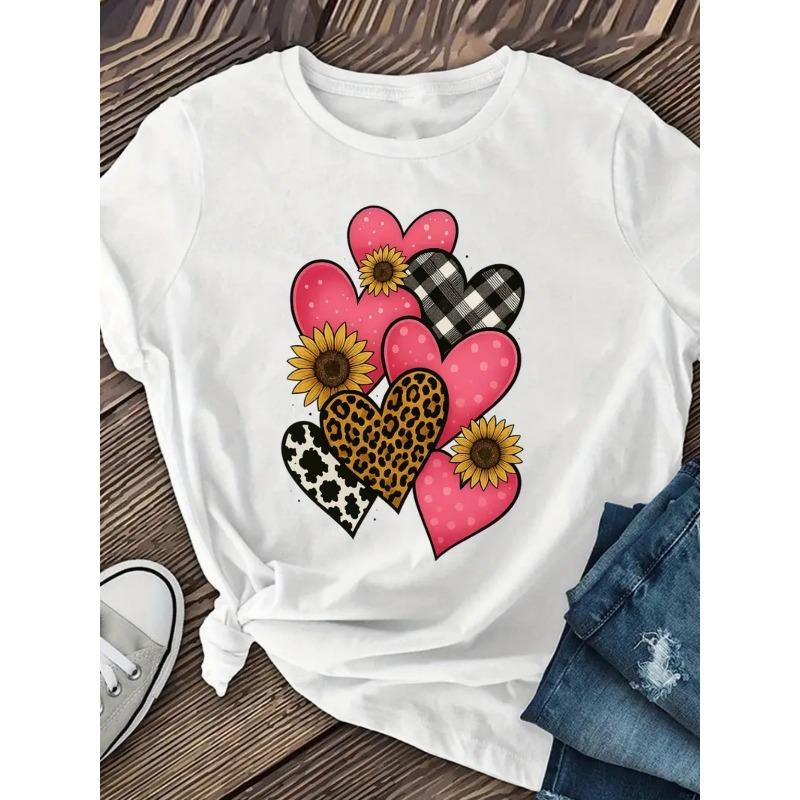 Women Cow Leopard Sunflower Heart T-Shirt Round Neck Short Sleeve Valentine's Day Spring Summer Fall Casual Machine-Washable Top