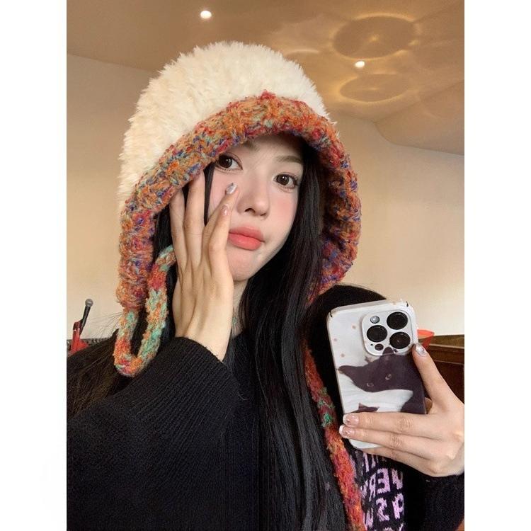 Plush Knitted Hat for Women In Autumn and Winter Handmade Big Head Surround Bag Hat Thickened Warm Furry Face-protecting Small Ear Protection Hat