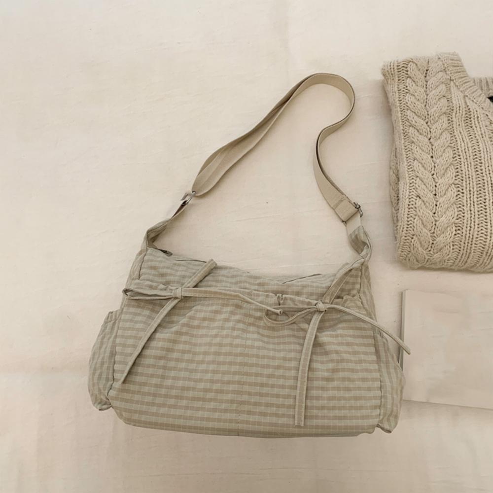 

Korean Bow Vintage Plaid Women Nyl Shoulder Bags Versatile Large Capacity Ladies Crossbody Bag Outdoor Tote Handbag for School бежевый