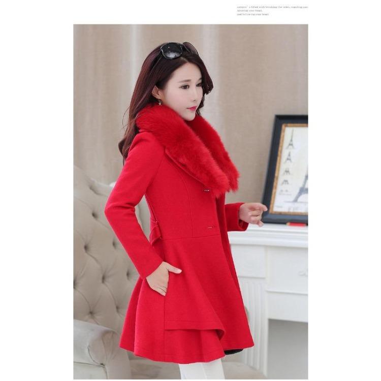 Women Wool Coat Mid Length Fur Collar Slim Nizi Autumn Winter