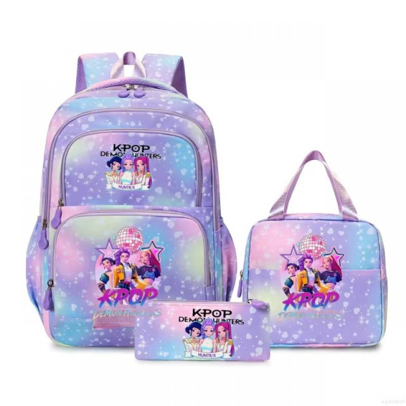K-Pop Inspired Cartoon School Backpack Set Teen Girls 3pcs Lunch Bag Main Pencil Case Arc Shoulder Straps British Style