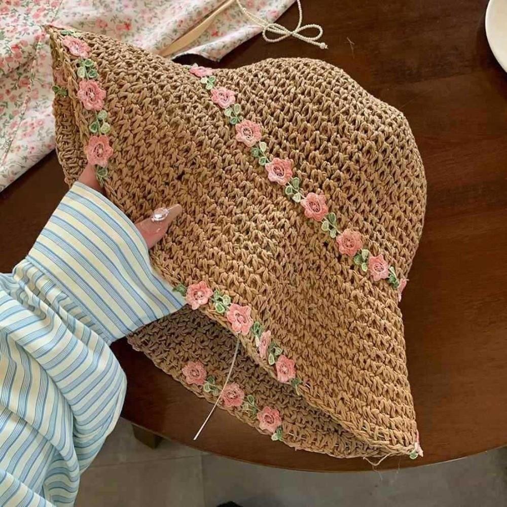 

New Hollow Out Straw Bucket Hat Wide Brim Straw Woven Fisherman Hat UV Protection Small Flowers Beach Hat Outdoor Use