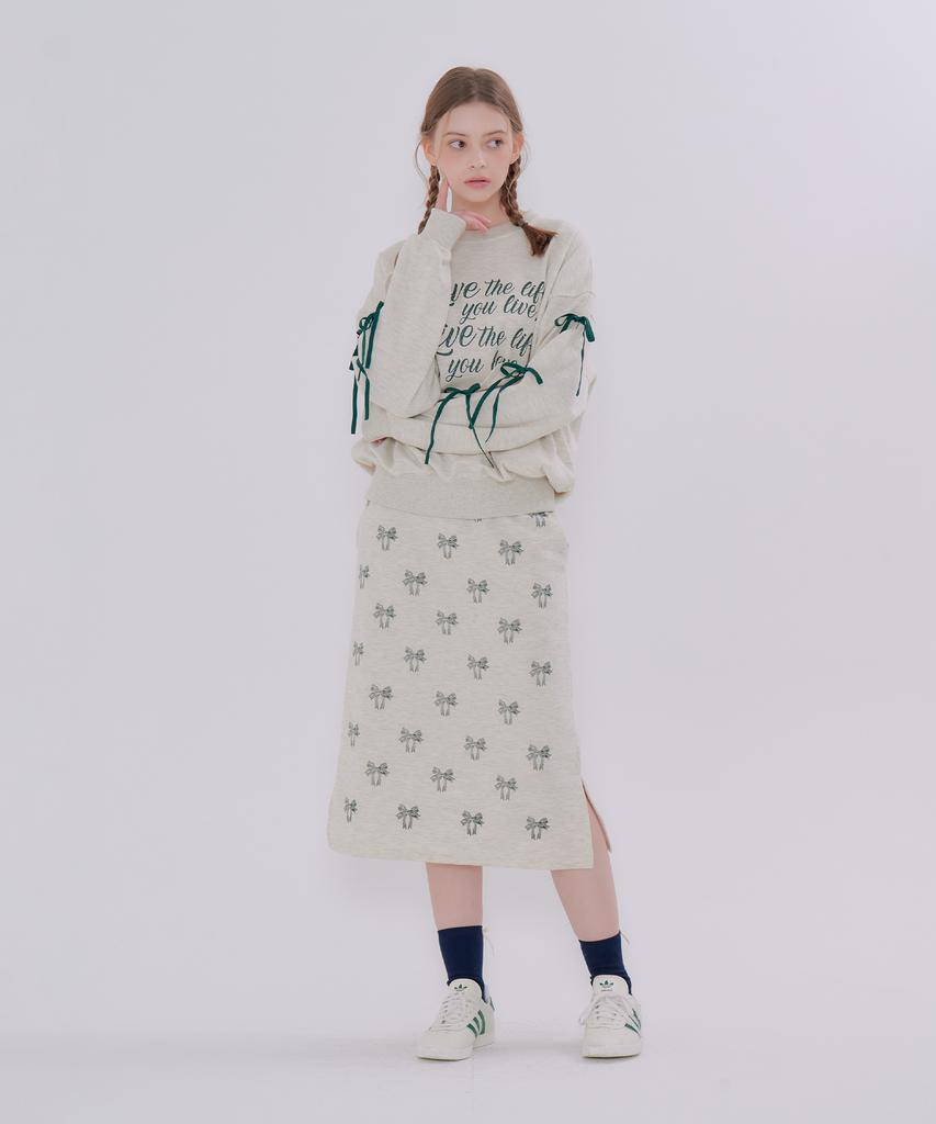 Metapeo Ribbon Print Elastic Waist Long Skirt Oatmeal