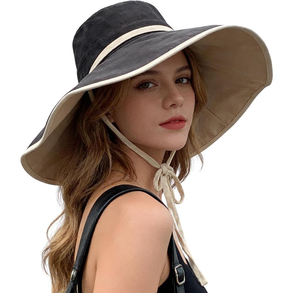 Women Wide Brim Summer Sun Hat UPF 50+ Protection Outdoor Beach Bucket Hat Reversible Foldable Adjustable Chin