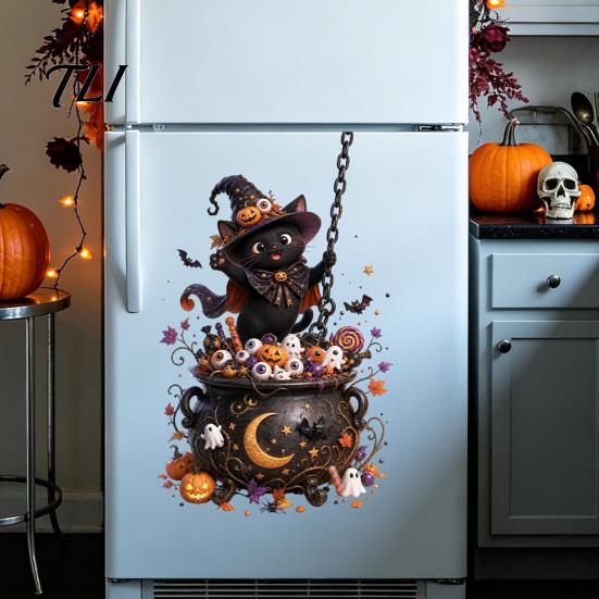 Easy Peel Stick Wall Decals Halloween Window Stickers, Cartoon Ghost Black Cat Pumpkin Static Glass Indoor Scene Setup Waterproof for Shop Home Party