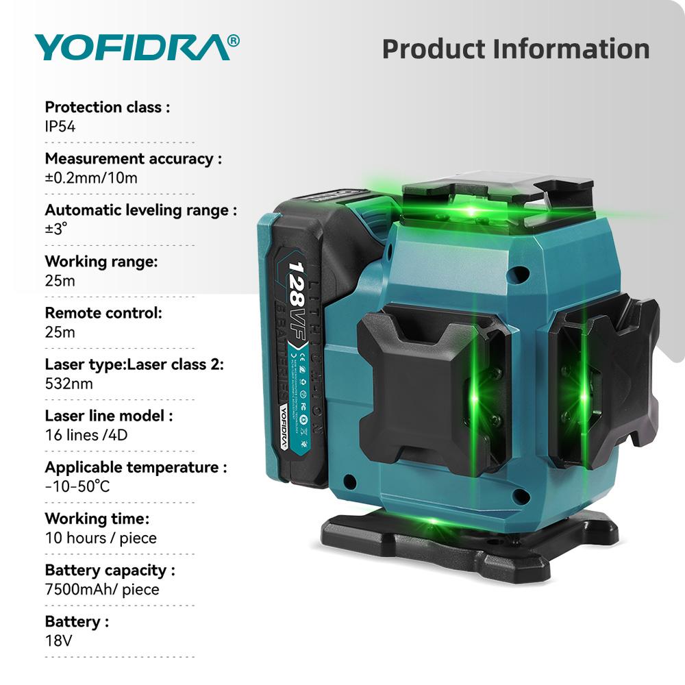 Yofidra 16 Lines 4D Laser Level Automatic 360 Horizontal Vertical Self-leveling Ultra Powerful Green Beam For 18V Battery