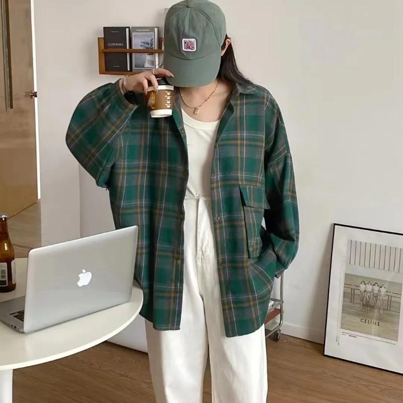 Women Fall Oversized Plaid Shirt Long Sleeve Vintage Button Down Blouse