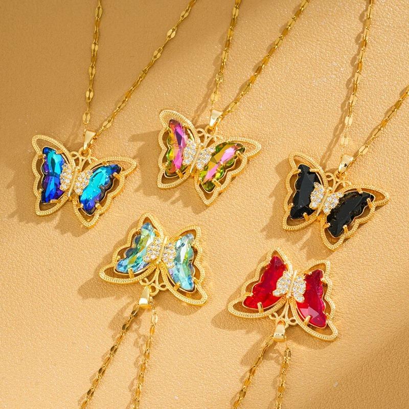 Fantastic Crystal Gold-Color Butterfly Necklace for Women Rhinestone Symmetrical Pendant Accessories Party Jewelry Gifts