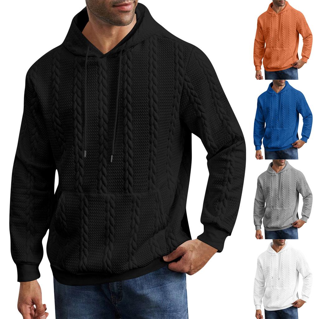 Men's Fashion Solid Color Knitted Hooded Tie Up Long Sleeved Hooded Sweater