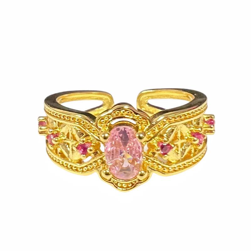 Sweet Girl Heart Pink Love Zircon Crown Open Ring Niche Design Light Luxury High Sense Fashion Ring