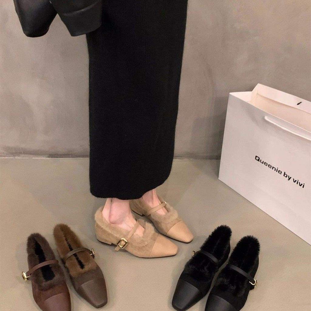 French Flat-bottomed Plush Shoes Mary Jane Single Shoes Women's Shoes 2025 New Autumn and Winter Warm Cotton Shoes Evening
