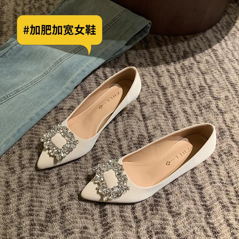 Rhinestone square buckle women's single shoes pointed head shallow mouth high heels widened and fattened large size women's shoes