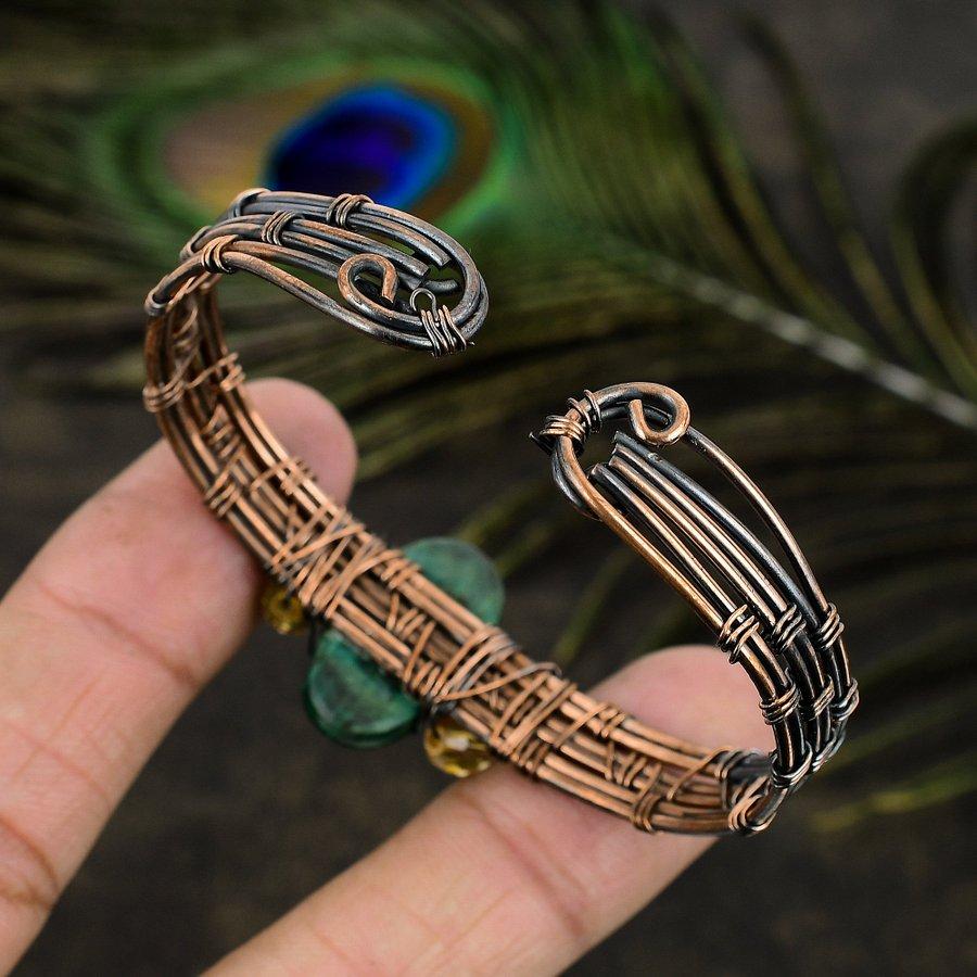 Natural Malachite Gemstone Handmade Copper Wire Wrap Cuff Bangle Adjustable E9j93