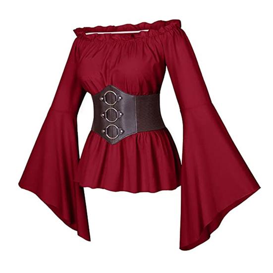 Top da donna con corsetto medievale pirata spalle scoperte maniche svasate irregolari camicetta orlo a petalo festival performance costume cosplay