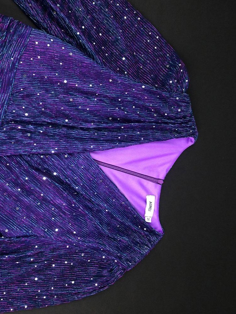 Precioso Vestido Maxi Morado con Lentejuelas, Cuello en V, Mangas Largas, Línea A, Largo hasta el Tobillo, Brillante Vestido de Fiesta de Noche para Mujer