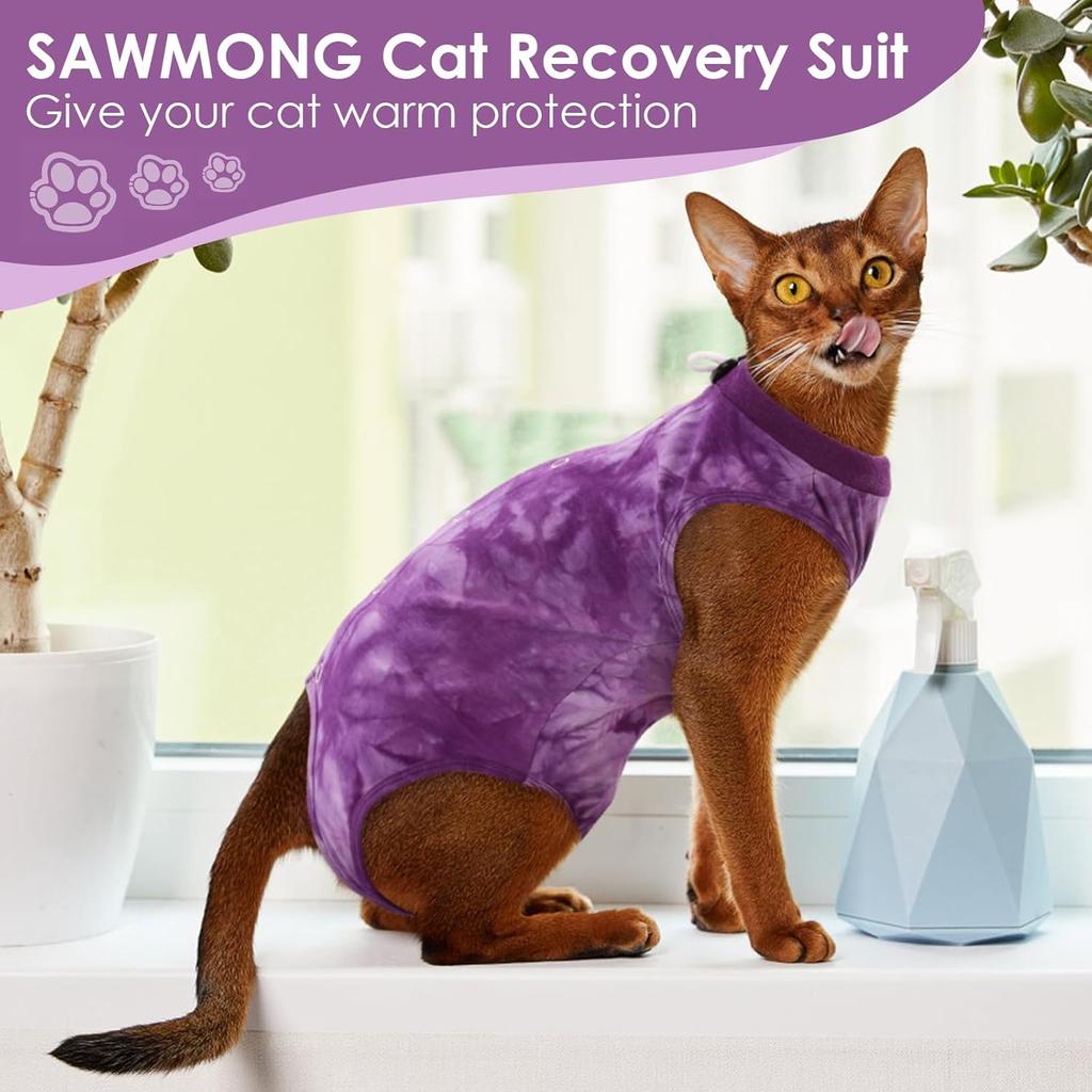 SAWMONG Cat Surgery Recovery Suit,Breathable Cat Onesie After Surgery Spay Surgical,E-Collar Alternative Non-Lick Pet Body Suit Purple S