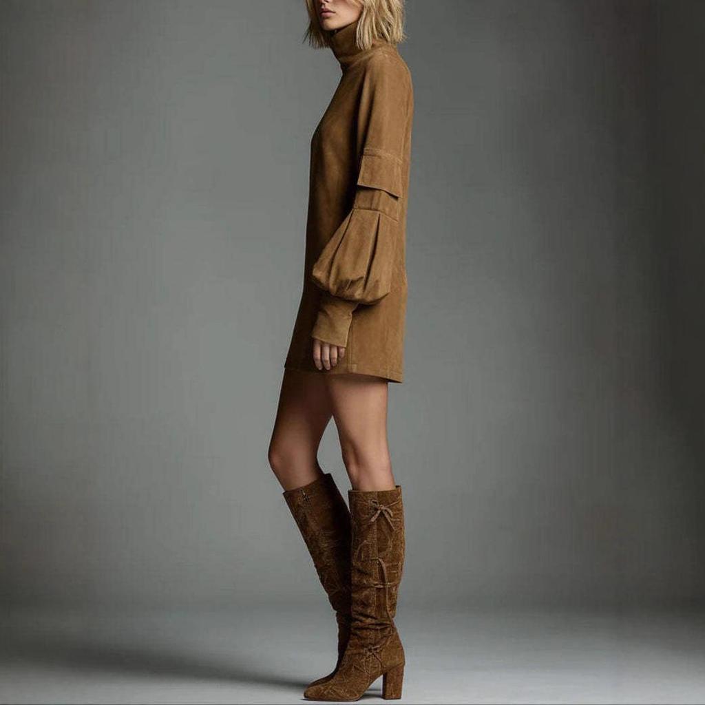 Autumn 2025 Suede High Neck Pocket Mini Dress