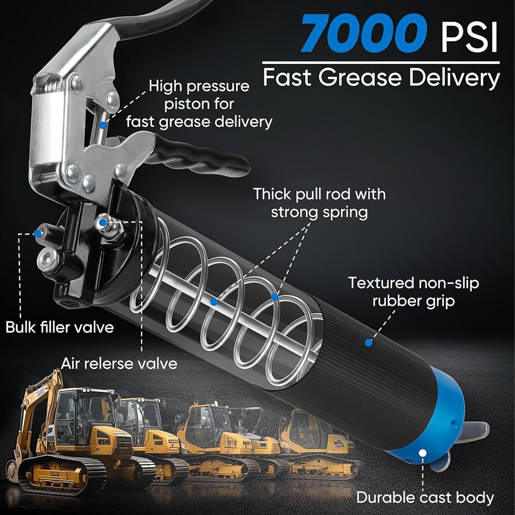 Grease Gun, 7000 PSI Heavy Duty Professional Pistol Grip Grease Gun Kit with Double Grease Injector Needle and Flex Hose