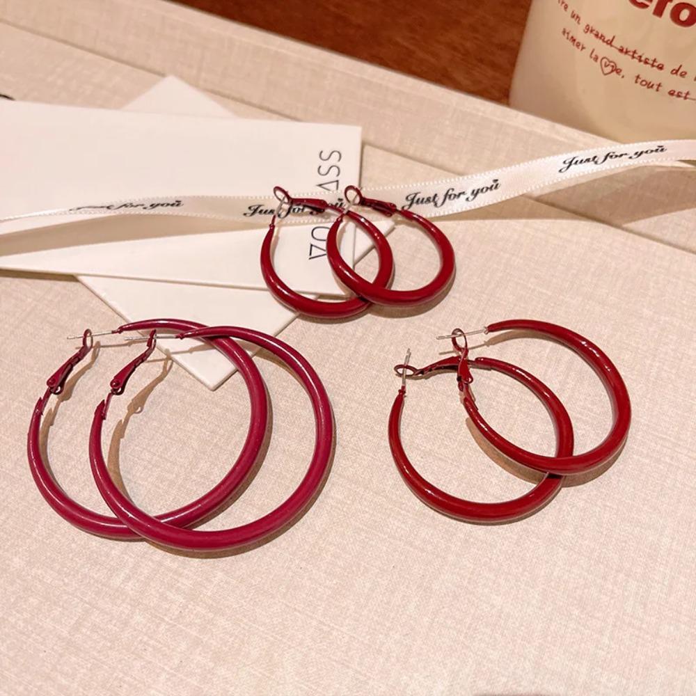 Retro Classic Wine Red Color Geometric Circle Hoop Earrings for Women Exaggerate Big Korea Earring Bride Jewelry Accessories