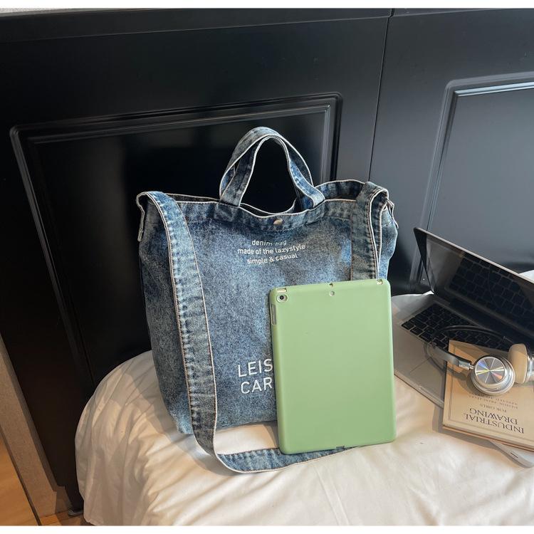 2025 Large Capacity Retro Denim Crossbody Bag with Letter Print - Korean Style for Women