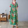 Summer New Printed V-neck Loose Large Size Chinese Style Long Dress Temperament Female