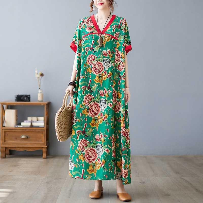 Summer New Printed V-neck Loose Large Size Chinese Style Long Dress Temperament Female
