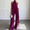 Dames mouwloze haltertop en wijde broek set, dieppaars, zijwaarts vallend detail