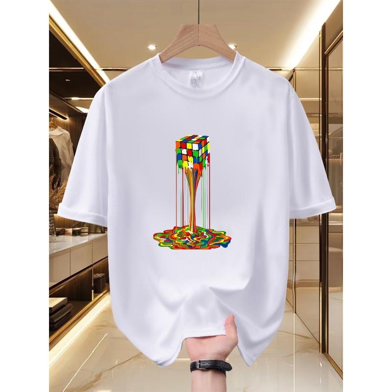 

Men S Tee - Vibrant Dripping Cube Pattern, Comfortable And Airy, Distinctive Artistic Style, Round Neck, Short Sleeves for Summer, Innovative T-Shirt S белый