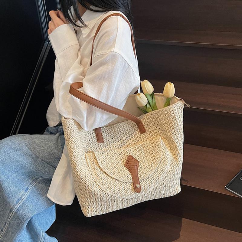 Yogodlns Women's Woven Straw Tote Bag Leather Patchwork Decor Large Capacity Casual Daily Beach Vacation Shoulder Handbag