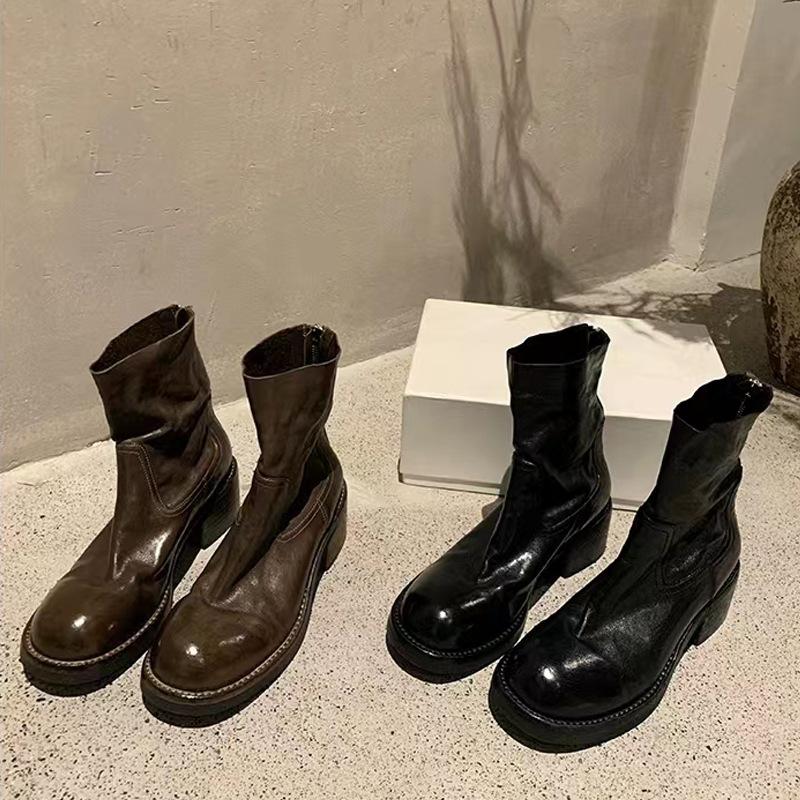 Grape mother autumn and winter new Martin boots retro thick heel rear zipper 6cm washed shrink horse leather short boots women