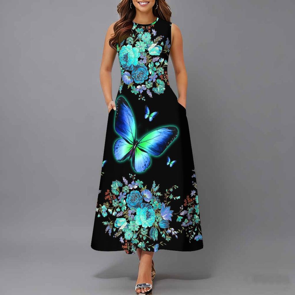 Oversized Sleeveless Round Neck Dress Elegant Clustered Floral Print Knee Length Flowy Dress