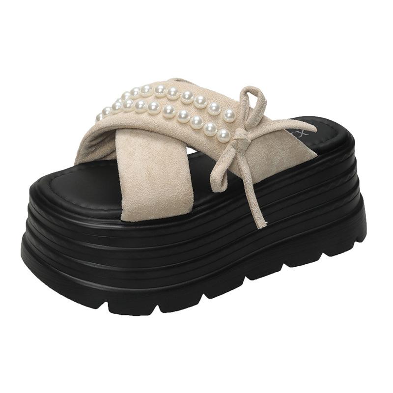 

2025 summer new 8cm heightening thick-soled slippers bow wear cool slippers versatile with skirt one-word drag 35 бежевий