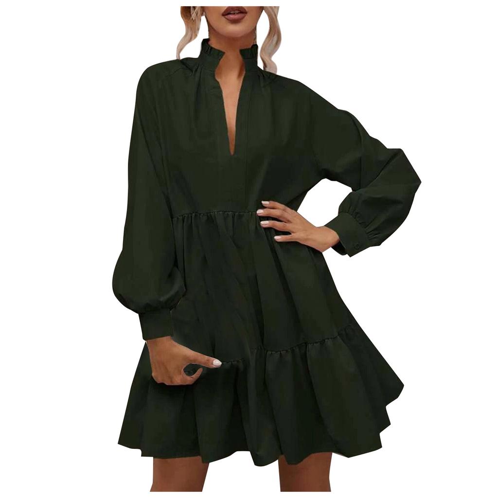 ქალის ყოველდღიური, მოდური, ერთფეროვანი, V-ყელიანი, გრძელმკლავიანი, ფრიალა ნაკერით, დიდი, A-ხაზის კაბა