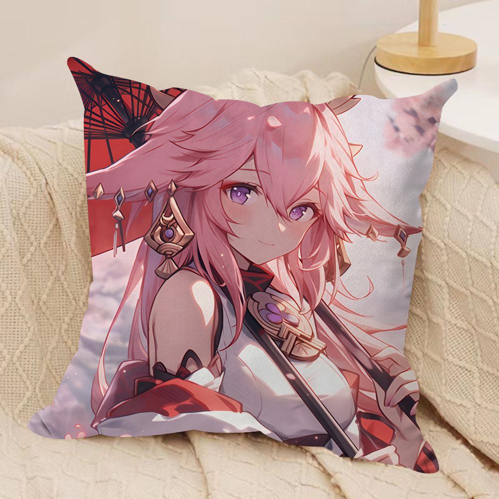 Yae Miko Genshin Impact Cushion Cover Silky Short Plush Invisible Zipper Dustproof Sofa Pillow Case For Home Decor
