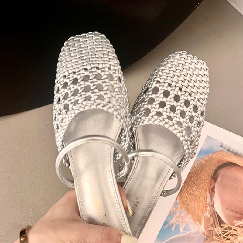 Fashion New In Spring Summer Medium Heels Slippers Shoes For Ladies Fashion Weave Women Heeled Slippers Sandals Female Slides Mules
