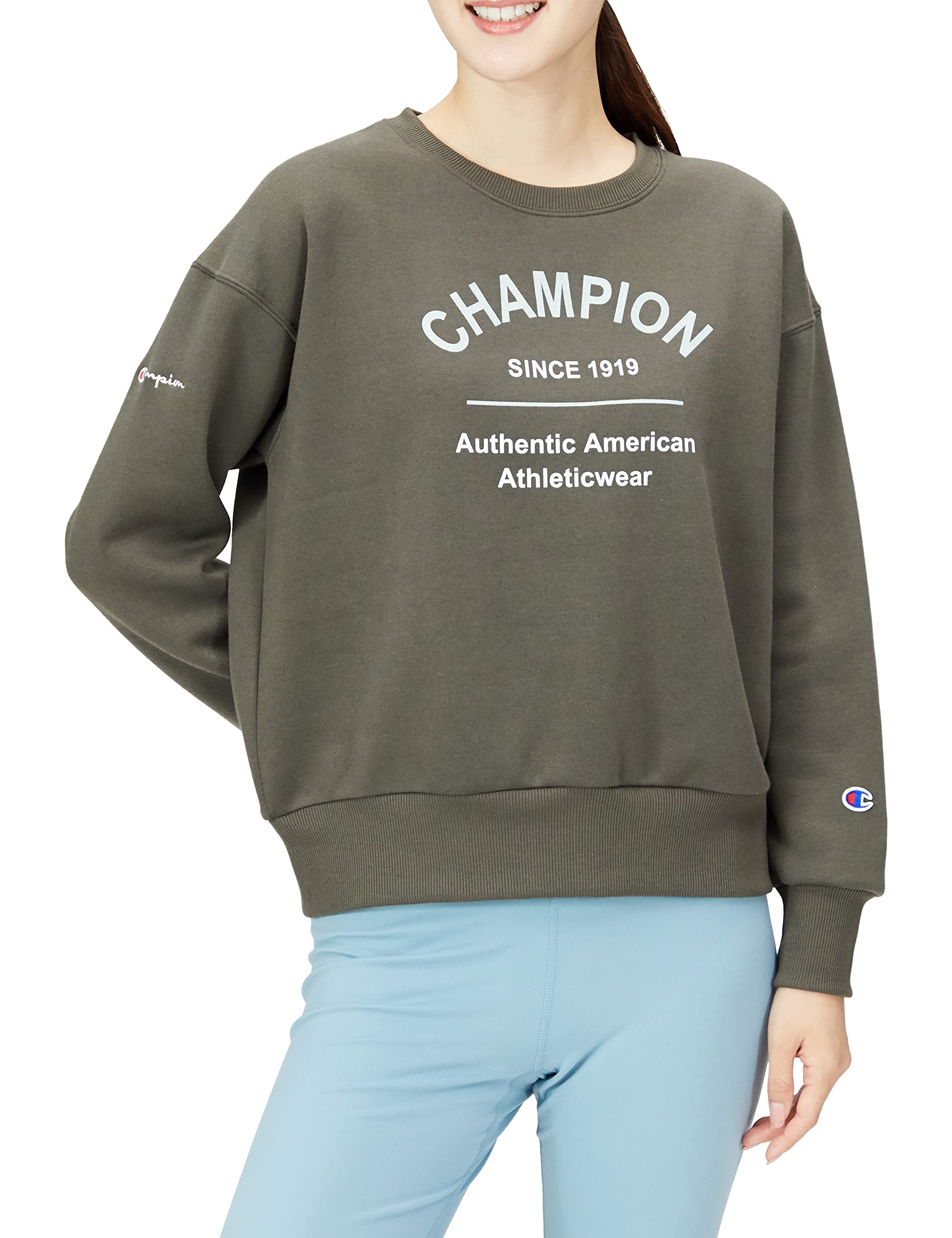 

Champion Long Sleeve Stretch Terry Crew Neck Sweatshirt with Graphic Logo and a Terry Crew Size Olive Drab Women s (CW-WS003) Print, Techweave, Neck,