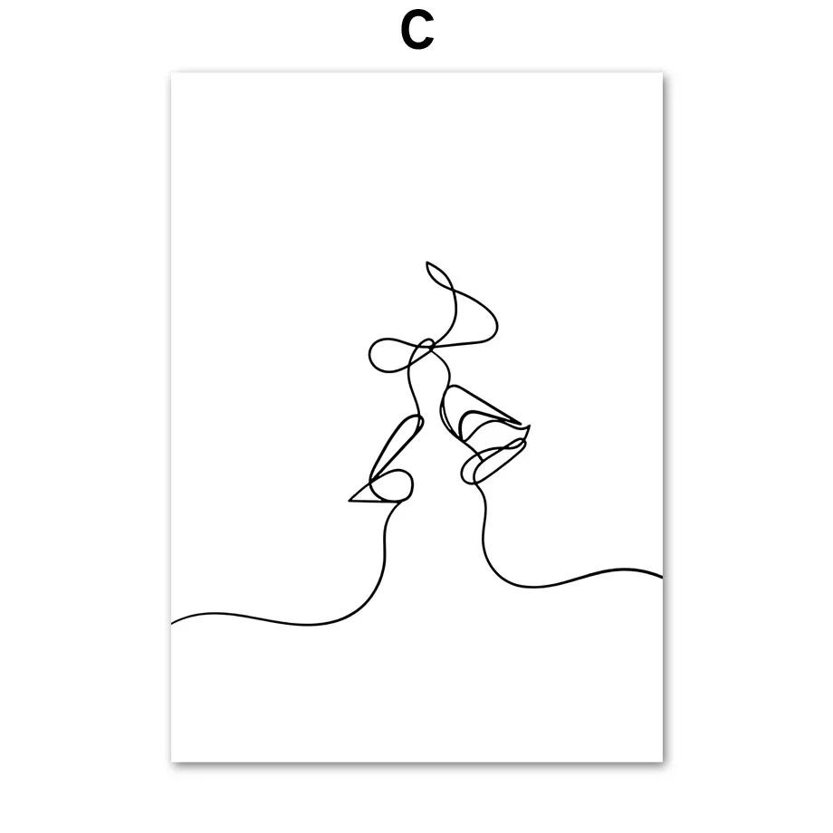 Minimalistische Linien-Paar-Kuss-Wandkunst, Nordische Poster und Drucke, Leinwandbild, Bilder für Wohnzimmer-Dekoration, Schwarz und Weiß