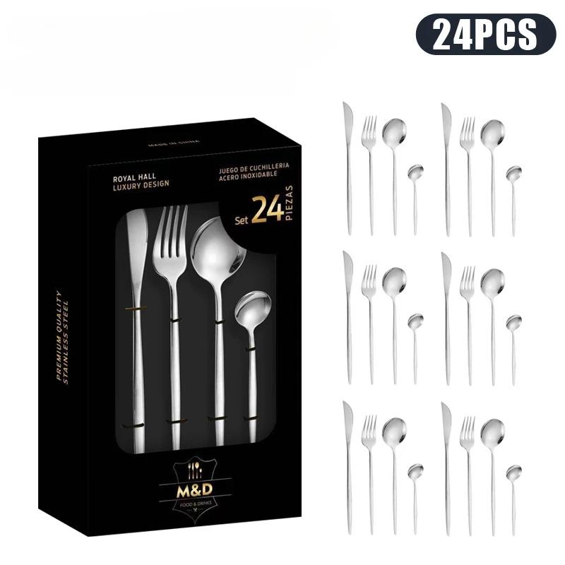 

Набор столовой посуды из нержавеющей стали в европейском стиле, 24 предмета, с утолщенными ножом, вилкой, ложкой, черно-золотой западный серебряный столовый прибор серебряный