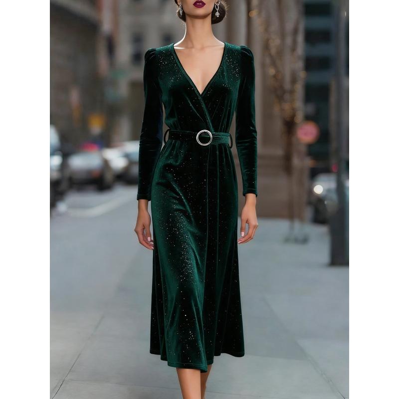 European and American new sexy fashion V-neck sequined velvet slim dress S темно-зеленого