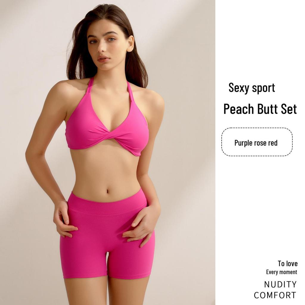 Women's Peach Hip-Lifting Yoga Set: Cross-Back Strap, Three-Quarter Pants, Two-Piece Fitness Outfit.